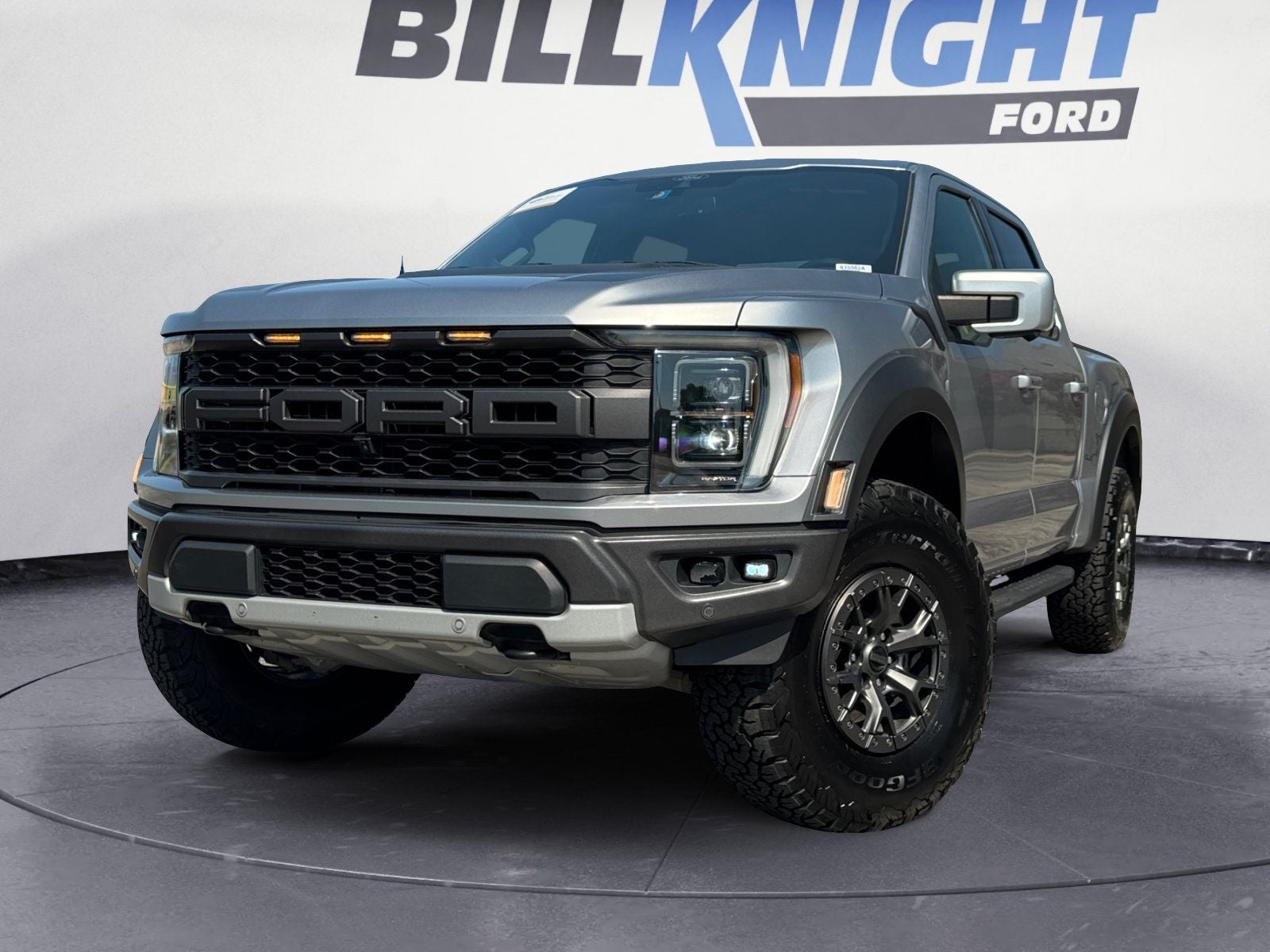 2021 Ford F-150 Raptor in Iconic Silver Metallic — front three-quarter view